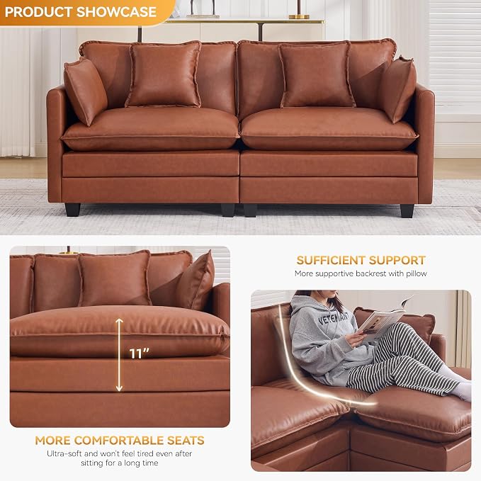 76'' Cloud Deep Seat Loveseat, Upholstered Leather Modular 2-Seats Sectional Sofa Couch, Modern Comfy Settee Loveseat for Living Room Set, Small Apartment, Leather Brown