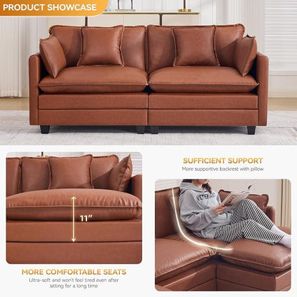 76'' Cloud Deep Seat Loveseat, Upholstered Leather Modular 2-Seats Sectional Sofa Couch, Modern Comfy Settee Loveseat for Living Room Set, Small Apartment, Leather Brown
