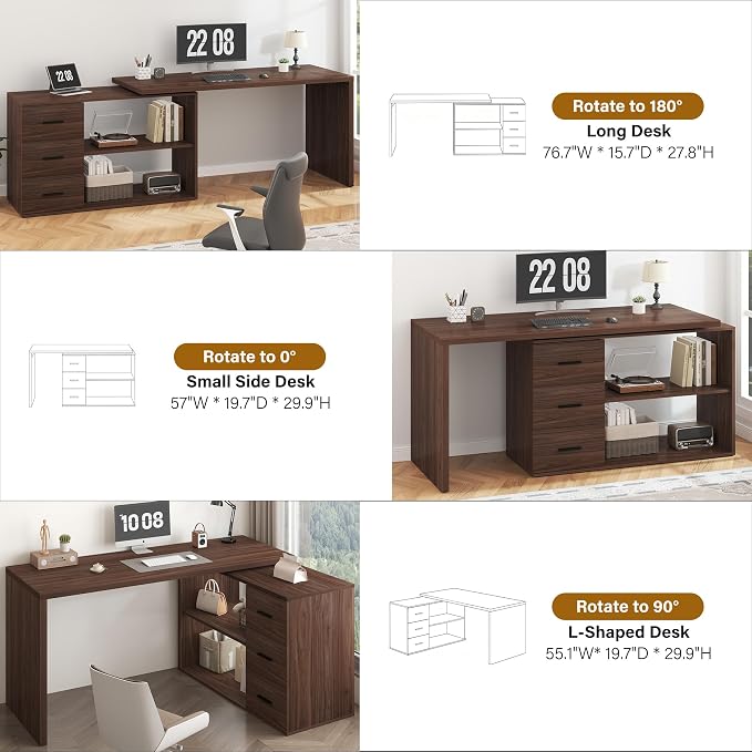 HSH L Shaped Office Desk with Drawers Shelves 55-76 Inch, Corner Computer Desk with Storage 360 Rotating Long for Work, Executive, Study, Writing, Teacher, Bedroom Modern Gaming Table, Walnut