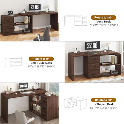HSH L Shaped Office Desk with Drawers Shelves 55-76 Inch, Corner Computer Desk with Storage 360 Rotating Long for Work, Executive, Study, Writing, Teacher, Bedroom Modern Gaming Table, Walnut