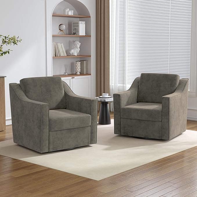 Swivel Accent Chairs Set of 2, 360° Swivel Upholstered Club Armchairs for Living Room, Comfy Single Sofa Reading Chair with Deep Seat, Metal Swivel Base, Chenille Fabric, Sand