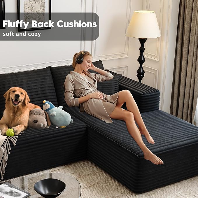 135.4" Cloud Modular Sectional Sofa Couch with L-Shape Chaise,Modern Minimalist Upholstered Couches for Living Room Bedroom,Deep Seat Corner Couch，No Assembly Required (Black,Right Facing Chaise)