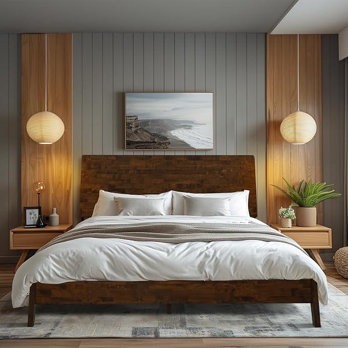 Acacia Serenity Queen Bed Frame with Headboard Natural Wood Bed, Scandinavian Signature High Headboard Compatible with All Mattress Types, 30 Mins Assembly Wood Slats Support Bedroom Furniture, Walnut