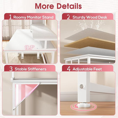 DurayLoly 55" White Computer Desk with 2 Acrylic Cabinet & 3 Fabric Drawers | Integrates Ample Storage & Display, Great Fit for Small Spaces, Outlets Suitable for Studying, Working & Gaming Equipments
