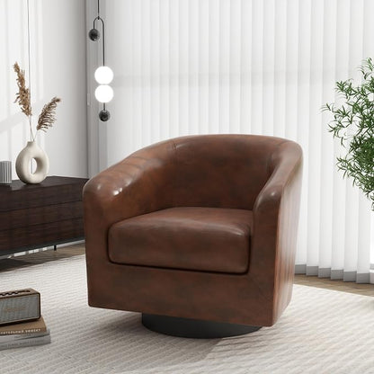 Swivel Barrel Accent Chair, Modern Round Faux Leather Arm Chair for Living Room, Bedroom, Comfy Club Reading Chairs for Adults(Faux Leather, Coffee, Set of 1)