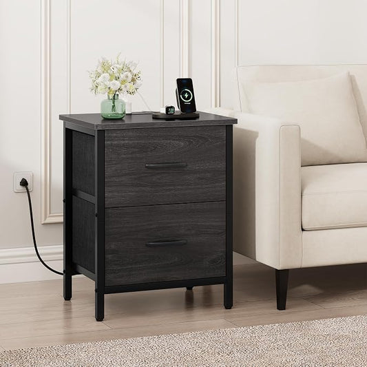 Vagusicc Nightstand Set of 2 with Charging Station, End Table Bedside Table with Power Outlet & USB Ports, Side Table with 2 Fabric Drawers for Bedroom, Living Room, Gray Walnut