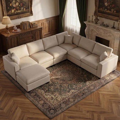 Oversized Faux Leather Modular Sectional Sofa for Living Room | with Ottoman, Extra Deep Seat, Pet-Friendly, Easy to Clean, Large 7 Seater U Shaped Cloud Couch, Beige