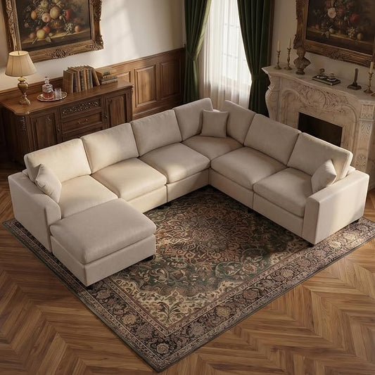 Oversized Faux Leather Modular Sectional Sofa for Living Room | with Ottoman, Extra Deep Seat, Pet-Friendly, Easy to Clean, Large 7 Seater U Shaped Cloud Couch, Beige