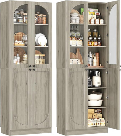 Cyclysio 80" Kitchen Pantry, Tall Arch Storage Cabinet with Tempered Glass & Soft Close Doors, Freestanding Wood Floor Cupboard Bookcase with Seamless Fit Wall for Dining Room, Living Room, Bathroom