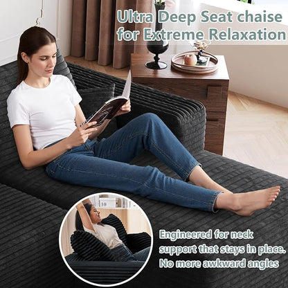 95" Modular Sectional Sofa, Modern Corduroy Cloud Couch with Side Pockets, Boneless Couch Upholstered 3-Seater L-Shaped Sofa for Living Room, No Assembly Required (Black,Right-Facing Chaise)