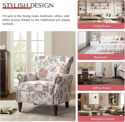 HULALA HOME Modern Wingback Accent Chair with Wood Legs & Removable Cushion, Comfy Upholstered Armchair with Nailhead Trim, Floral Pattern Single Sofa Chair for Living Room Bedroom, Pink