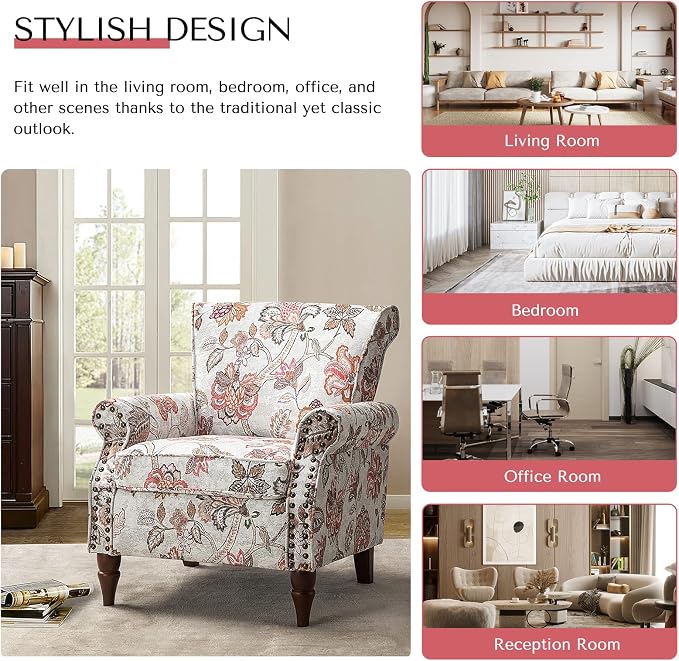 HULALA HOME Modern Wingback Accent Chairs Set of 2 with Wood Legs & Removable Cushion, Comfy Upholstered Armchairs with Nailhead Trim, Floral Pattern Single Sofa Chairs for Living Room Bedroom, Pink