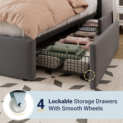 Allewie King Size Storage Bed Frame, Vertical Channel Tufted Adjustable Headboard, Velvet Upholstered Platform Bed with 4 Oversized Underbed Drawers, Wooden Slats Support, No Box Spring Needed, Grey