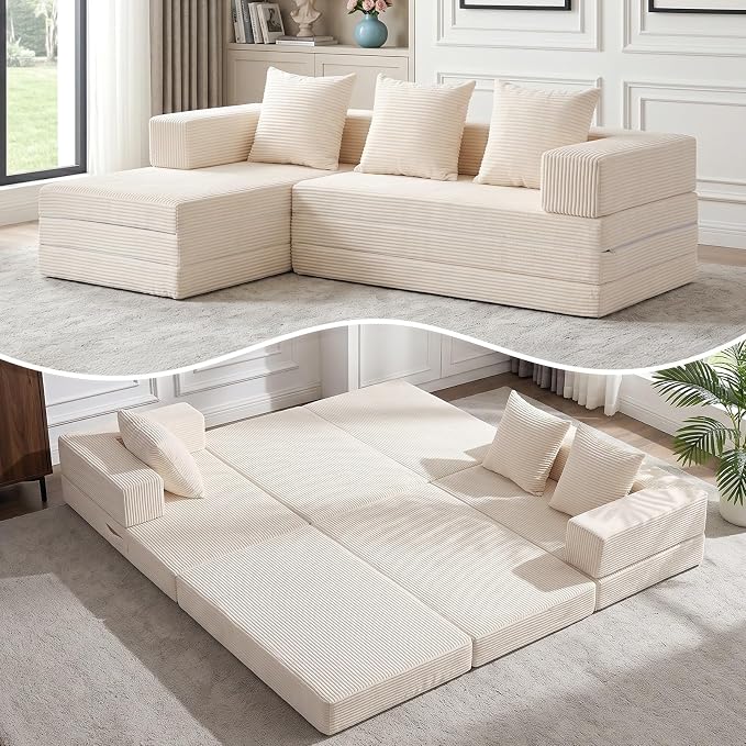 79" Modular Sectional Sofa, Boneless Convertible Sleeper Sofa Bed, Modern Tri-Folding Cloud Couch with L-Shape Chaise, Corduroy Futon for Living Room Small Spaces Apartment, No Assembly, Beige