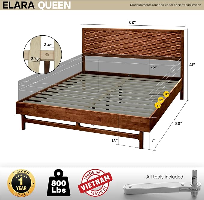 Acacia Elara Queen Platform Bed Frame – Solid Wood Mid-Century Modern Bed with Headboard, Spearhead Grain, Walnut Finish, 800lbs Support, No Box Spring, Easy Assembly with Tools