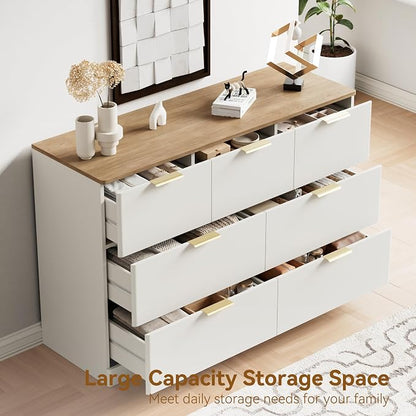 3 Pieces of Dresser and Nightstand Set,47.2" Width 7-Drawer Dresser & 3-Drawer Nightstands Set of 2 w/Gold Metal Handle, Modern Design for Bedroom,White & Brown