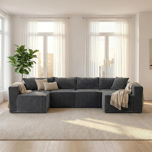 Claiks 128" Modular U‑Shaped Boneless Cloud Couch, Deep Seat Sectional Sofa with Double Chaise, No Assembly Required, Modern Oversized Couches for Living Room, Dark Grey