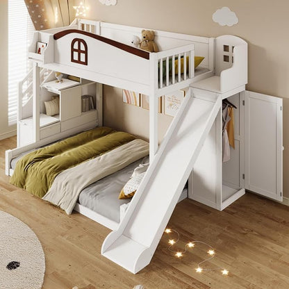 RUNNA Twin Over Full Bunk Bed with Slide,Storage Stairs,Shelf | Twin over full bunk bed with slide, storage stairs, overhead shelf, solid wood, guardrails, no box spring needed