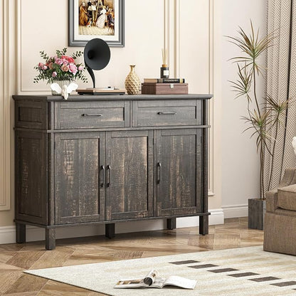 48 Inches Buffet Cabinet with Storage, Farmhouse Sideboard Buffet w/2 Drawers and 3 Doors, Wood Coffee Bar Cabinet with Adjustable Shelves, Sideboard Storage for Kitchen, Living Room, Rustic Brown