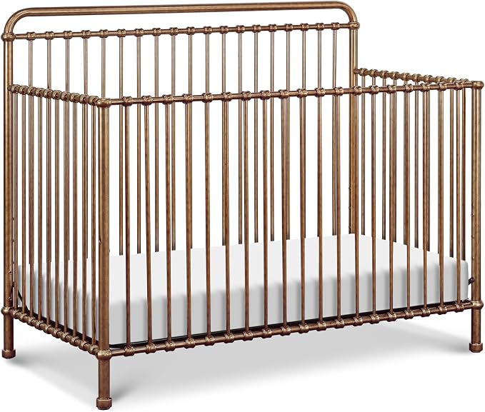 Namesake Winston 4-in-1 Convertible Crib - GREENGUARD Gold Certified Metal Baby Crib Convertible to Toddler Bed, Daybed, Full Size Bed w/ 4 Mattress Heights - Vintage Gold Bedside Crib for Baby