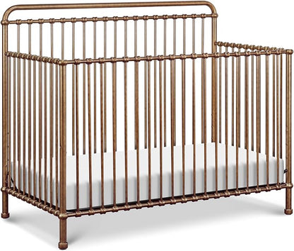 Namesake Winston 4-in-1 Convertible Crib - GREENGUARD Gold Certified Metal Baby Crib Convertible to Toddler Bed, Daybed, Full Size Bed w/ 4 Mattress Heights - Vintage Gold Bedside Crib for Baby