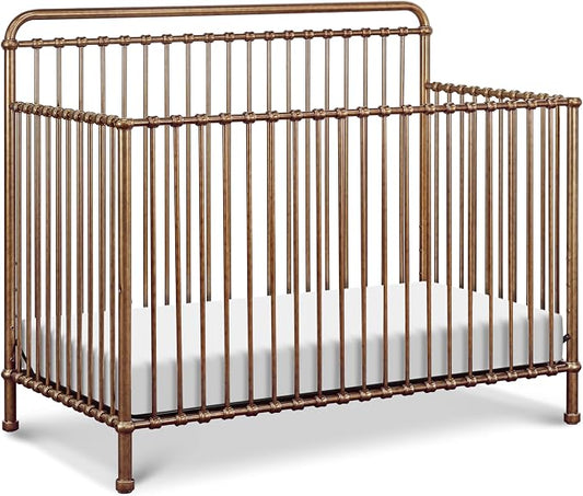 Namesake Winston 4-in-1 Convertible Crib - GREENGUARD Gold Certified Metal Baby Crib Convertible to Toddler Bed, Daybed, Full Size Bed w/ 4 Mattress Heights - Vintage Gold Bedside Crib for Baby