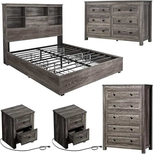 LUXOAK 5-Piece Farmhouse Bedroom Set, 1 X Queen Size Bed Frame, 1 X 5 Drawer Dresser, 1 X Wood Rustic 6 Drawer Storage Dresser, Nightstand Set of 2 with Charging Station, Bedroom Furniture Set, Grey