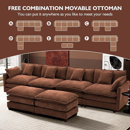 Ihanherry 146" U-Shaped Modern Sofa Modular Sectional Luxurious and Comfortable with 2 Ottoman, 6-Seat Chenille Deep Seat Sofa with 6 Pillows for Living Room, Bedroom and Apartment, Brick Red