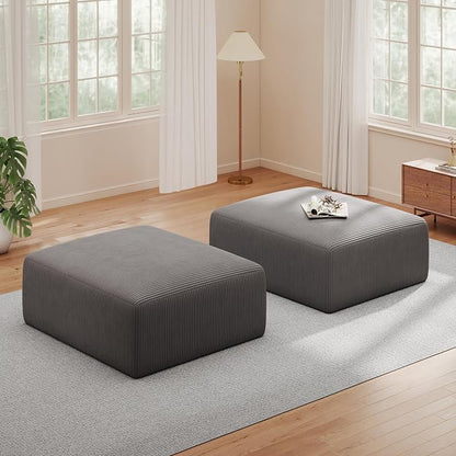 40" Oversized Large Square Corduroy Ottoman Pouf - Poofy Plush Foot Rest with Foam Chunk Filling, Movable Floor Pouf Footstool & Ottoman Coffee Table for Living Room Couch Bedroom, Grey(2 Pieces)