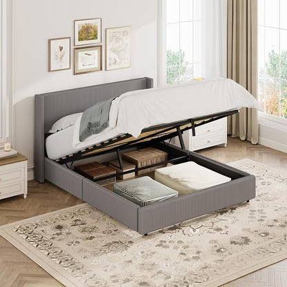 Garvee Queen Lift Up Storage Bed Frame, Corduroy Upholstered Platform Bed with Gas Lift, Padded Headboard, Wooden Slat Support, No Box Spring Needed, Easy Assembly, Taupe Grey