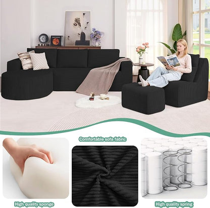 104.92" L-Shaped Corduroy 3 Piece Sofa Set with Single Lounge Chair & Ottoman, Modular Compressed All Foam Couch, Freely Movable Footrest, Minimalist Large Living Room Furniture