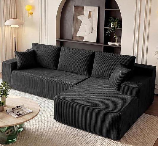 GRUSIGN Cloud Sectional Boneless Couches for Living Room, Modular L Shaped Couch with Deep Seat Oversized Right Facing Chaise, Memory Foam Compressed Spineless 3 Seater Sofa for Apartment, Black