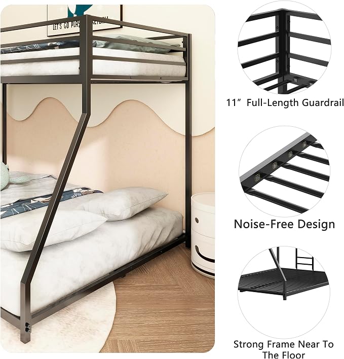 EMKK Twin Over Full Bunk Bed for Adults, Metal Bunk Beds Twin Over Full Size for Teens Dorm Bedroom Guest Room,Heavy Duty Bunk Beds with Ladder and Safety Full Length Guardrail (Black A)