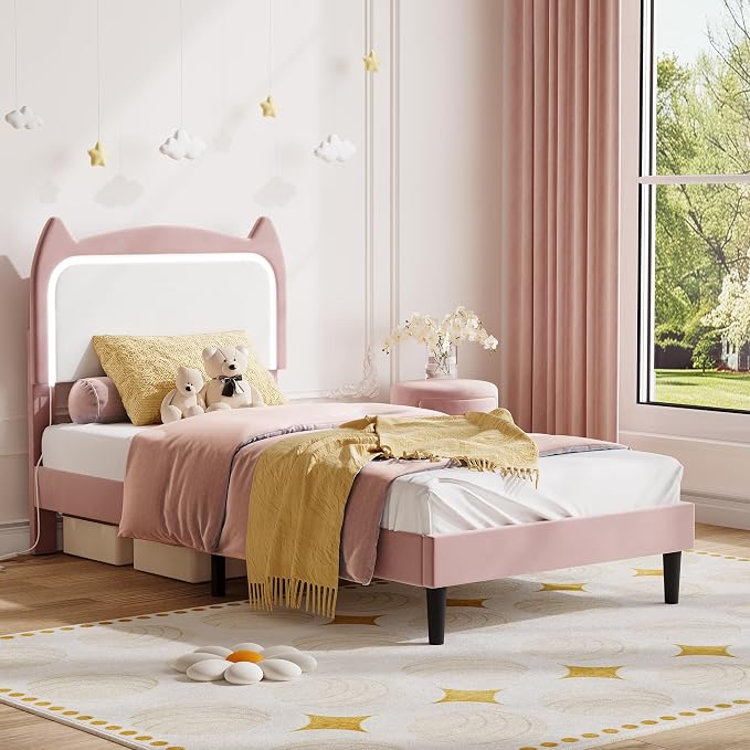 Garvee Twin Upholstered LED Bed Frame with Cute Cat Headboard, Velvet Princess Platform Bed Frame with Sturdy Wood Slats Support for Girls/Kids, No Box Spring Needed, Pink