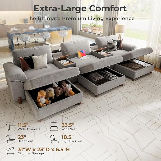 SITJOY Large Cloud Couch, 146" Wide 3 Seater Bed with Console, Light Gray | Detachable and Washable Chenille Cover Sectional Sofas for Living Room, Deep Seat Wide Couch with Chaise, Storage Ottoman