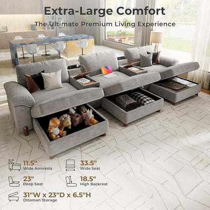 SITJOY Large Cloud Couch, 146" Wide 3 Seater Bed with Console, Light Gray | Detachable and Washable Chenille Cover Sectional Sofas for Living Room, Deep Seat Wide Couch with Chaise, Storage Ottoman