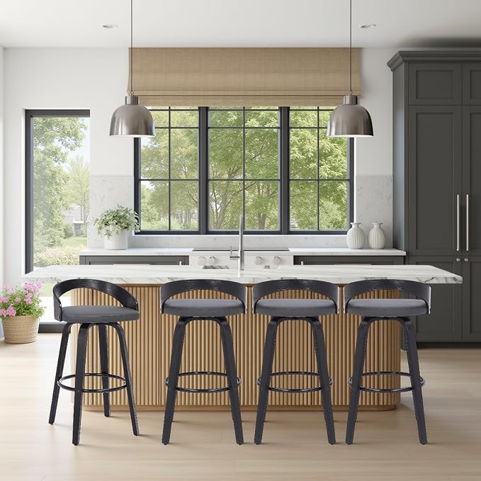 Armen Living Sonia 26" Counter Height Swivel Gray Faux Leather and Black Wood Bar Stool - Set of 2