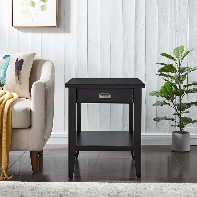Leick Home Laurent End Table, Solid Wood, 1 Drawer, Bottom Display Shelf, Easy Assembly, for Bedroom/Living Room, Black, 24.0 in L x 20.0 in. W x 24.0 in. H, 10507-BK