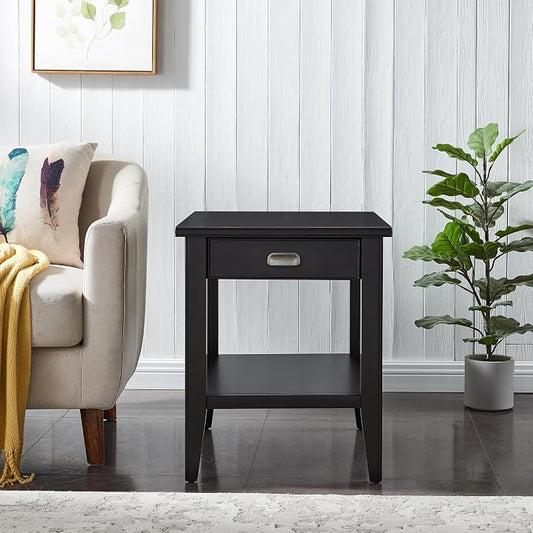 Leick Home Laurent End Table, Solid Wood, 1 Drawer, Bottom Display Shelf, Easy Assembly, for Bedroom/Living Room, Black, 24.0 in L x 20.0 in. W x 24.0 in. H, 10507-BK
