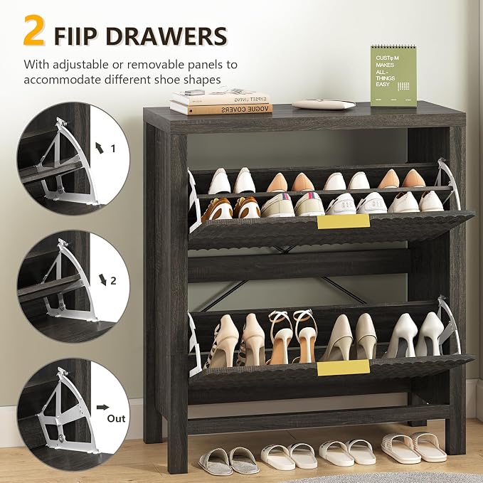 YOMILUVE Shoe Cabinet Storage for Entryway, Fluted Shoe Cabinet with 2 Flip Drawers, Hidden Shoe Rack Tall Freestanding Shoe Organizer with Legs for Hallway, Dark Gray