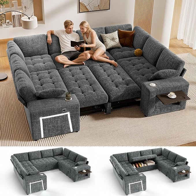 Vipbear 111" Modular Sectional Sleeper Sofa with Pull Out Bed, 8 Seat Chenille U Shaped Couch with 2 Pull-Out Beds|USB Ports|Cup Holders|Side Table|LED Light, Tool Free Assembly, Grey