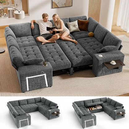 Vipbear 111" Modular Sectional Sleeper Sofa with Pull Out Bed, 8 Seat Chenille U Shaped Couch with 2 Pull-Out Beds|USB Ports|Cup Holders|Side Table|LED Light, Tool Free Assembly, Grey