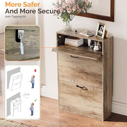 VINGLI Shoe Cabinet Storage for Entryway Ultra Slim with 2 Flip &1Drop-Down Drawers, 24.8" W Narrow Shoe Cabinet for Front Door Entrance,Freestanding Washed Gray Wood Shoes Organizer for Hallway