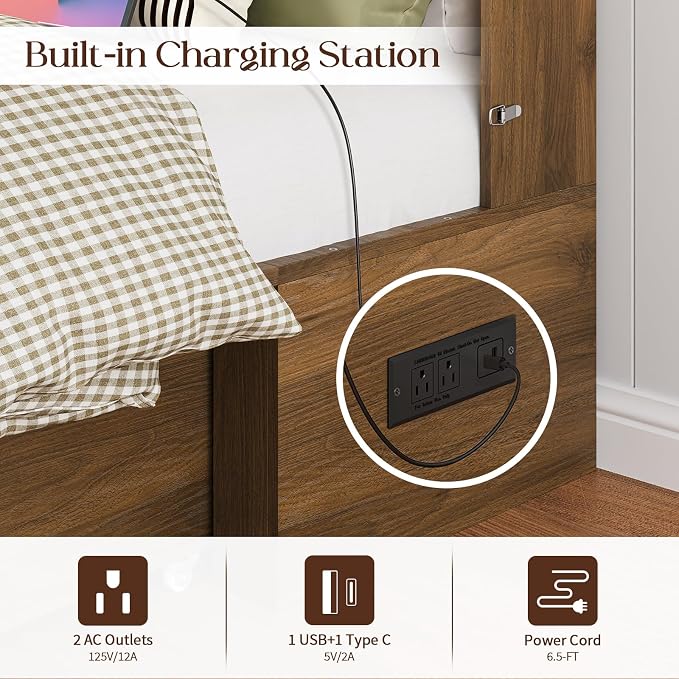 Yoobure Queen Murphy Bed with Charging Station - Rattan Queen Bed Frame with Storage Drawers, Wood Cabinet Beds for Guest Bedroom, Living Room, Office, Farmhouse Hideaway Beds with Foldable Platform
