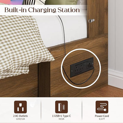 Yoobure Queen Murphy Bed with Charging Station - Rattan Queen Bed Frame with Storage Drawers, Wood Cabinet Beds for Guest Bedroom, Living Room, Office, Farmhouse Hideaway Beds with Foldable Platform