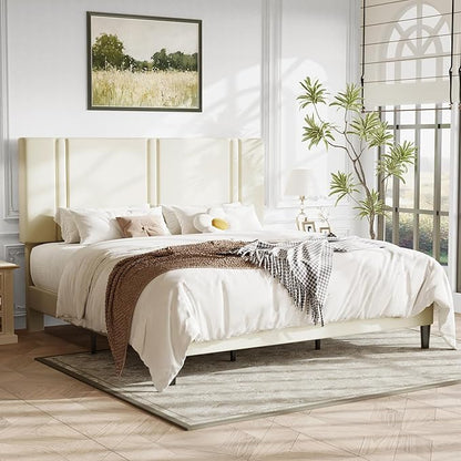 Allewie King Size Platform Bed Frame with Adjustable Headboard, Plush Velvet Upholstered, Vertical Channel Tufted, Sturdy Wooden Slats, No Box Spring Needed, Easy Assembly, Cream