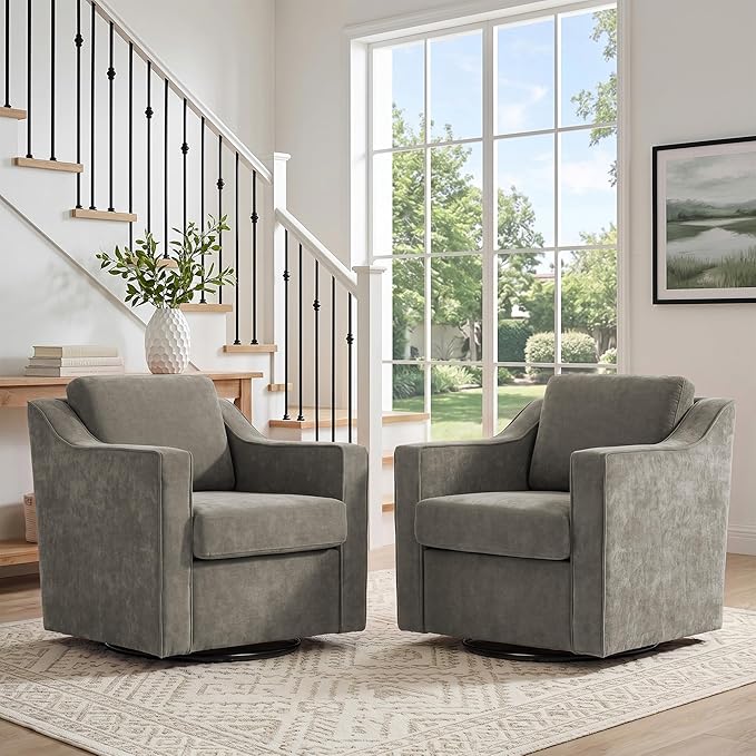 Swivel Accent Chair Set of 2, Modern Round Barrel Arm Chair for Living Room, Bedroom, Comfy Club Reading Chairs for Adults, Chenille Sand