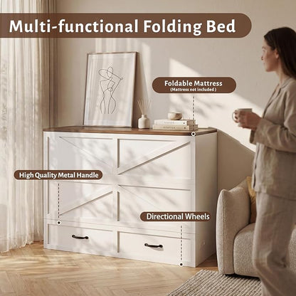 HISOFT Queen Murphy Bed Frame with Charging Station, Freestanding Cabinet Murphy Bed with Fold-Down Panel & Reinforced Support, Space-Saving Design for Small Living Spaces, Shipped in 2 Boxes, White