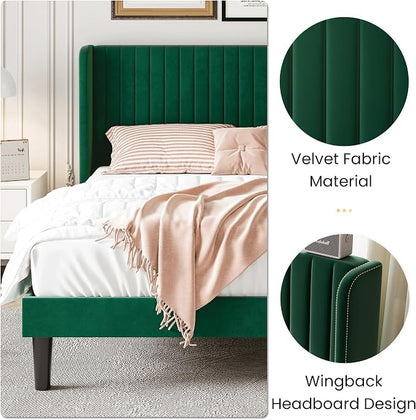 SHA CERLIN Queen Size Velvet Bed Frame with Vertical Channel Tufted Wingback Headboard, Upholstered Platform Bed with Wood Slats, No Box Spring Needed, Easy Assembly, Green