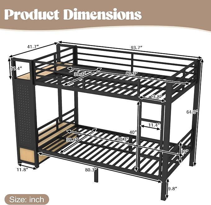 DNYN Twin XL Over Twin XL Metal Bunk Bed with 2 Drawers and Built-in Wardrobe for Teens Bedroom/Dorm/Staff Housing, Space-Saving Bed Frame with Storage Shelves and Pegboard, No Box Spring Needed